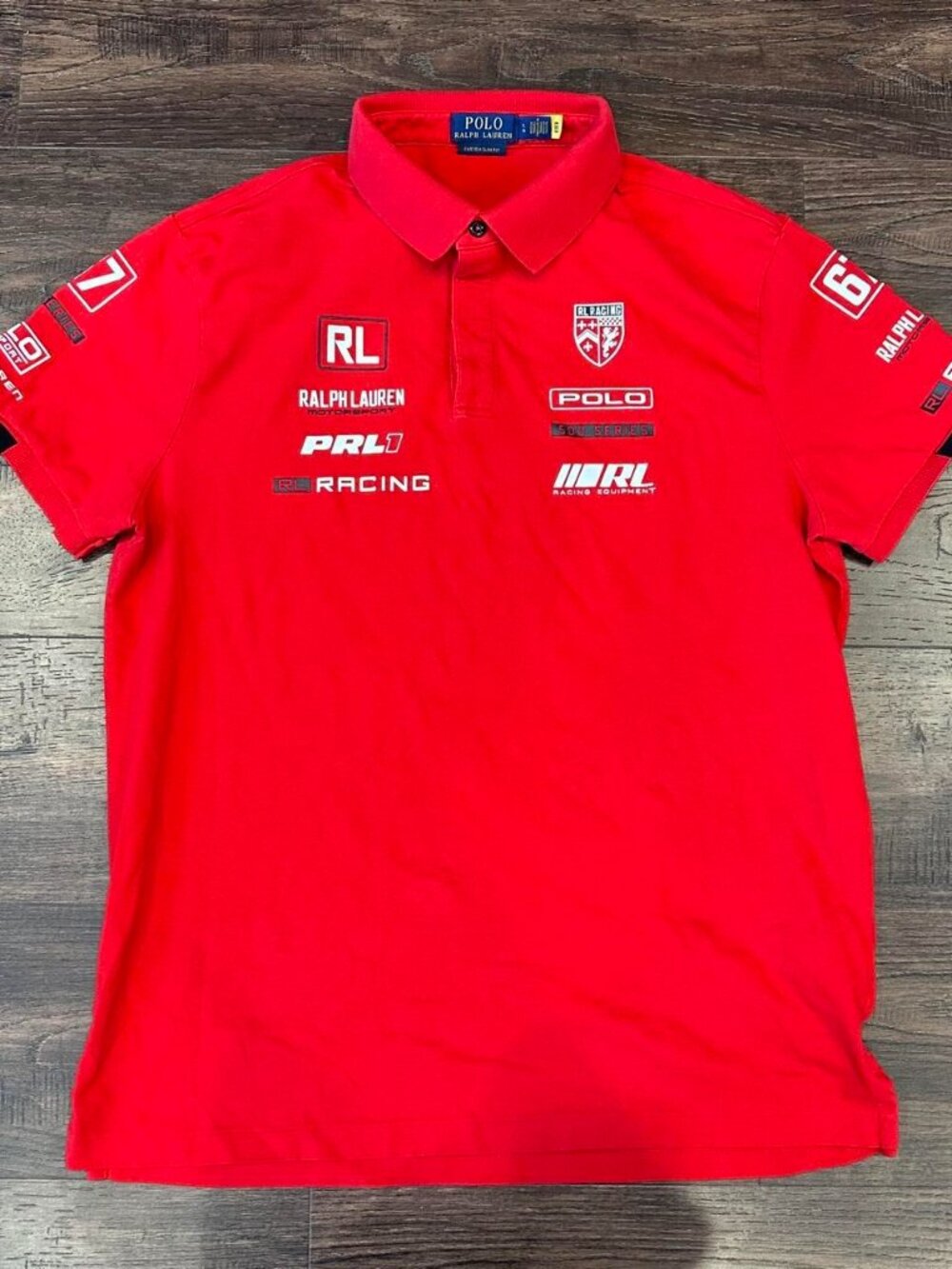 Ralph Lauren Racing Polo Shirt Red White Logos Size L